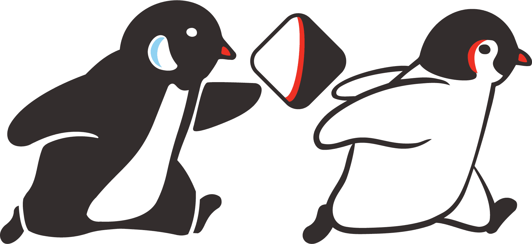 Two Hand-Off penguins passing a package