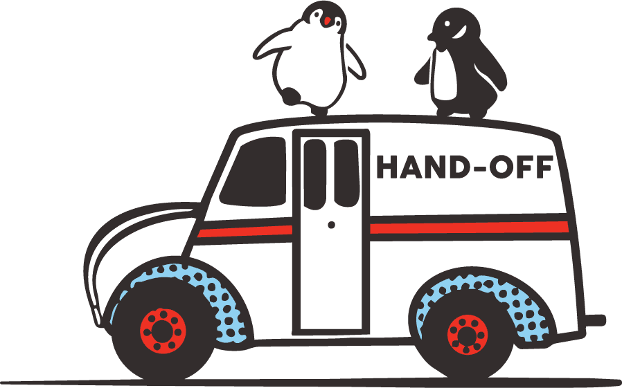 Hand-Off penguins riding on a delivery truck